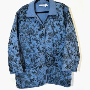 Comfort Corner Women's Vintage Blue Quilted Jacket with Black Floral Design SZ L